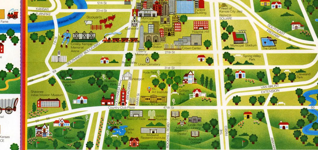 这本1973年的Hallmark插图指南突出了当时城市的几个关键点和主要地区。(密苏里谷房间特别收藏)
