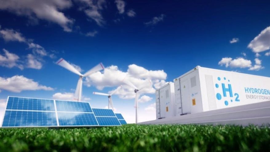 太阳能电池板，风力涡轮机和氢能源储存装置。