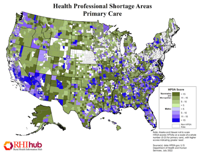 来自农村卫生信息中心的一张地图显示，堪萨斯州的大多数县都存在农村卫生专业人员短缺地区。
