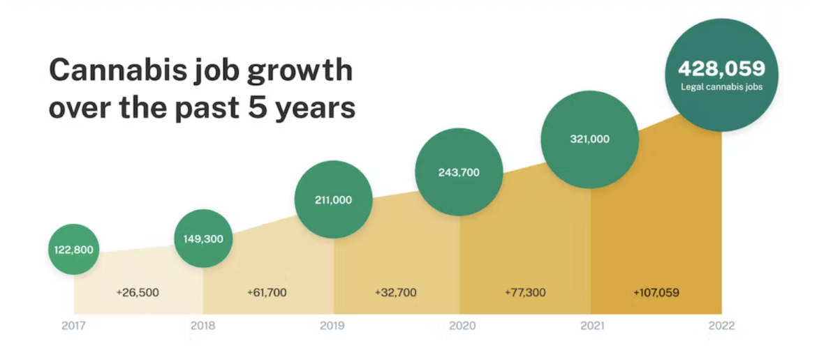 图表显示，自2017年以来，大麻工作岗位大幅增加。